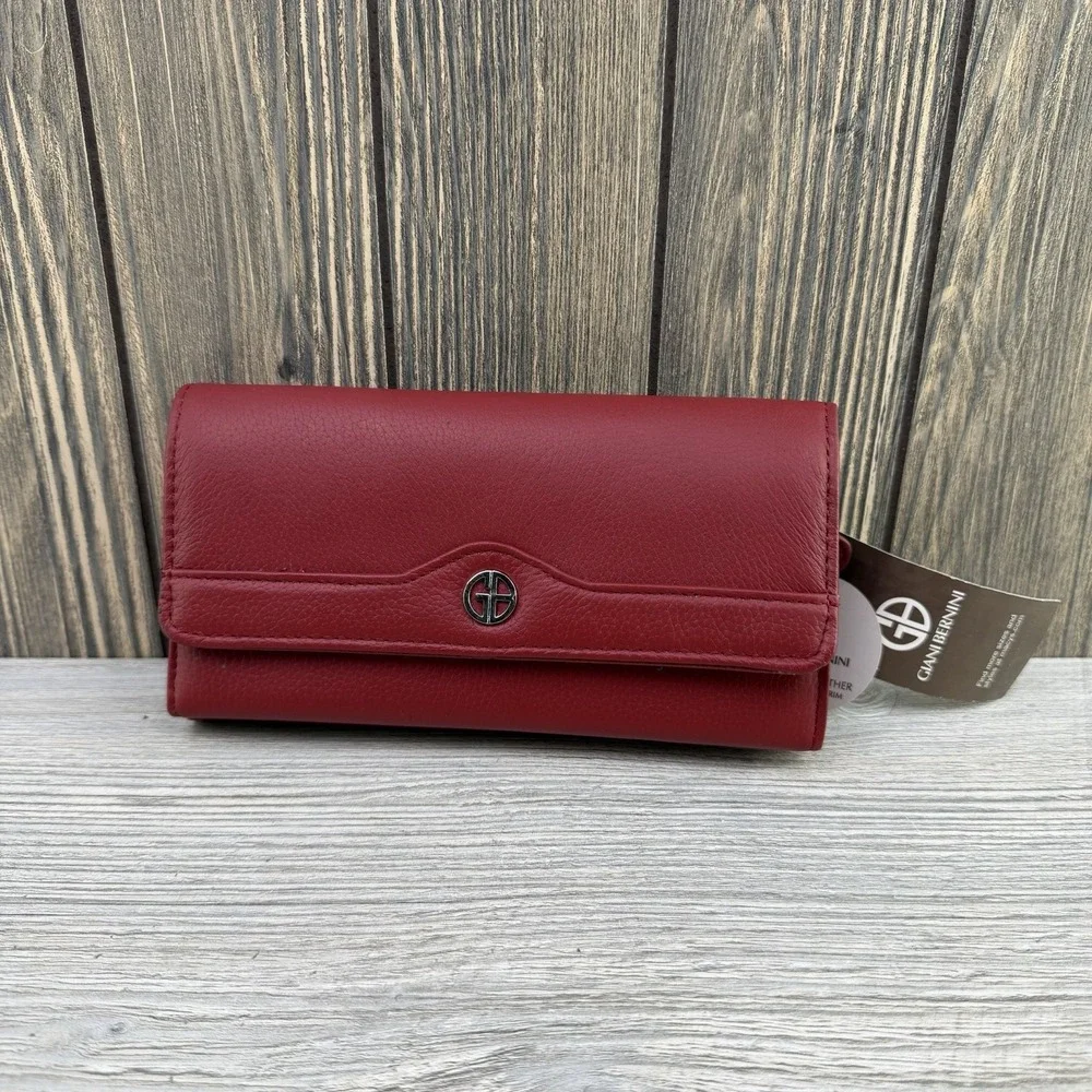 GIANI BERNINI Soft Pebble Leather Wallet Red Card Holder Snap Closure New